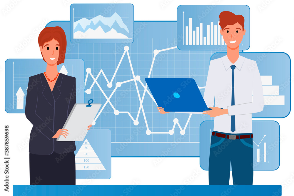 A young man and woman work in an office with an infographic in the background.Office work, coworking, studying business projects.Flat vector illustration isolated on a white background. A young man and woman work in an office with an infographic in the background.Office work, coworking, studying business projects.Flat vector illustration isolated on a white background.