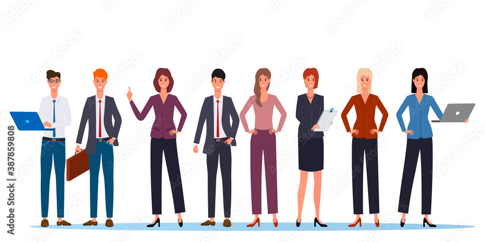 Business team.A group of young businessmen stand joyfully next to each other.The concept of teamwork brainstorming and new ideas.Flat vector illustration isolated on a white background.