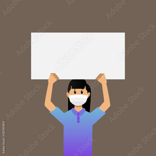 Illustration young girl wear face mask holding empty poster design