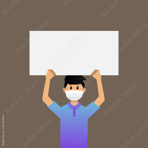 Illustration young boy wear face mask holding empty poster design
