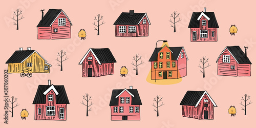 Set of Yellow, pink scandinavian wooden houses with light on the street and trees without leaves and sheep seamless repeat pattern