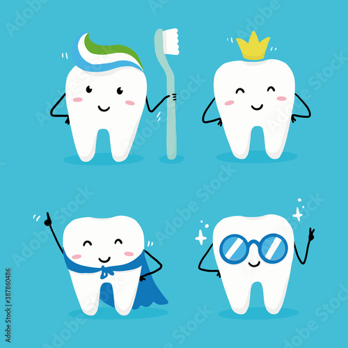 Set of happy tooth character with face. Dental kawaii style illustartion for kids and children dentist design.