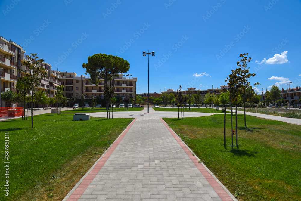 Fototapeta premium Park by Morning With Pth, Trees and Beautiful Grass by Summer