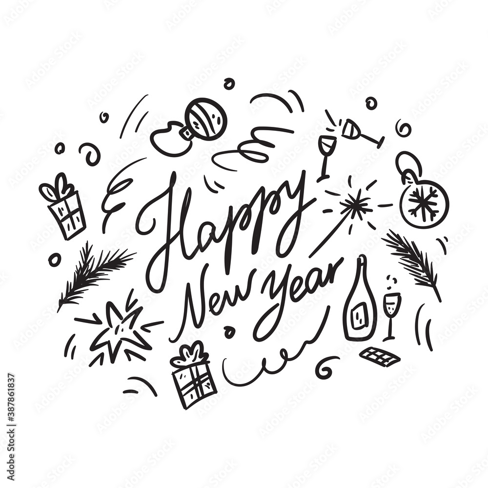 Happy New Year. Free hand drawn vector illustration for postcard and greeting card. Lettering and icons Happy New Year. Free hand drawn vector illustration for postcard and greeting card. Lettering and icons