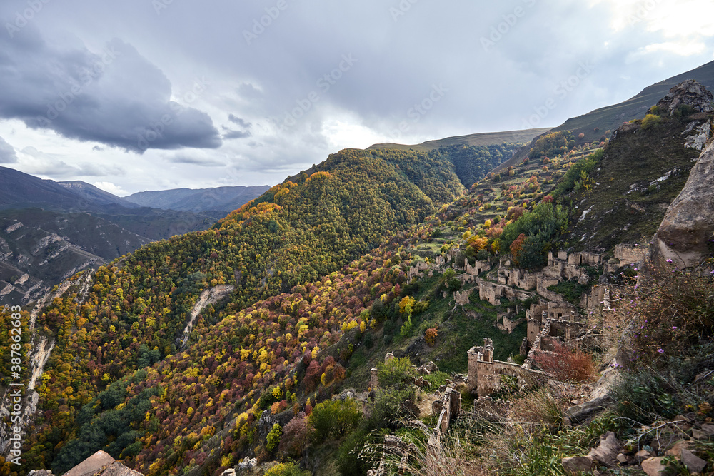 Fototapeta premium Ancient ghost town of Gamsutl, Dagestan, Russia. Abandoned etnic aul