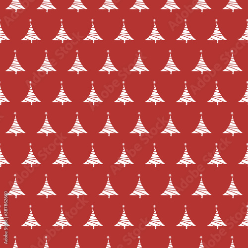Christmas seamless vector red pattern with doodle trees. Xmas winter poster collection. Can be used for wallpaper, pattern fills, surface textures, fabric prints.