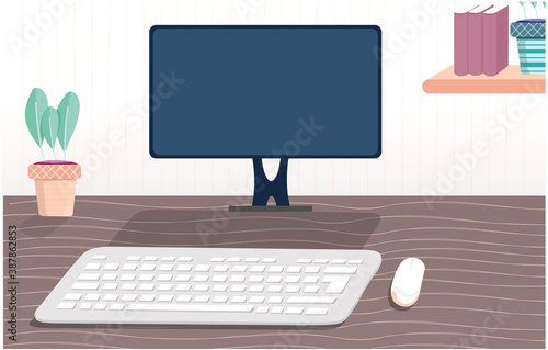 cute style desktop pc mockup with 3d illustration of keyboard and mouse with wooden desk 