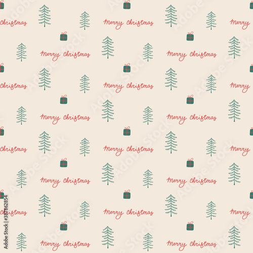 Christmas seamless vector pattern with pines, presents and Merry Christmas guote. Xmas winter poster collection. Can be used for wallpaper, pattern fills, surface textures, fabric prints.