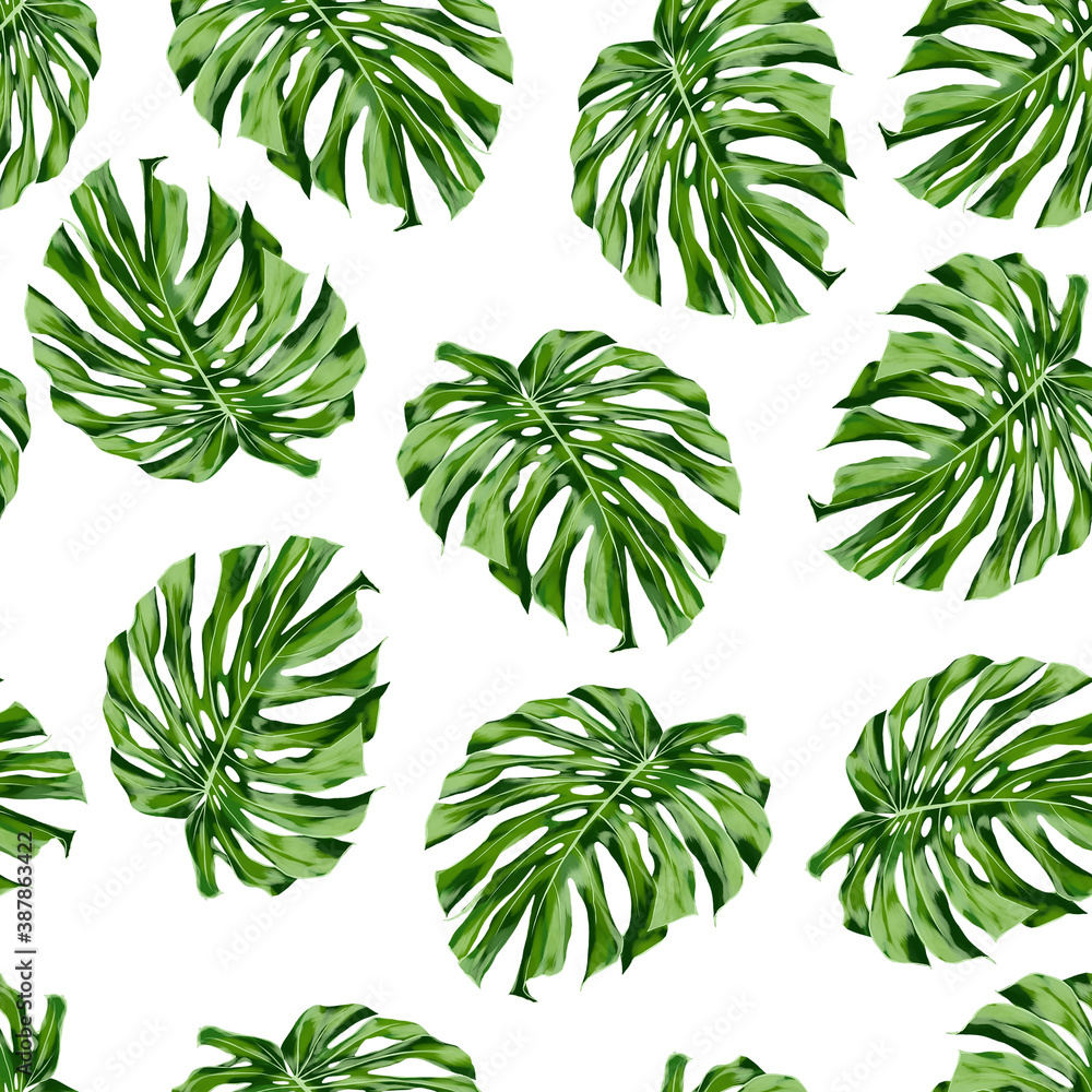 Seamless pattern with green monstera leaves isolated on a white background. Endless tropical exotic illustration. Seamless pattern with green monstera leaves isolated on a white background. Endless tropical exotic illustration.