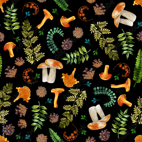 Seamless pattern with pine cones, mushrooms, fern. Highly detaled endless illustration photo