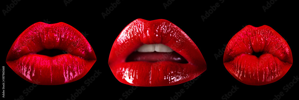 Collage sexy seduction woman mouth, passion lick and sensual suck. Set of lips seduction temptation passion desire. Abstract art design, banner. Isolated on black background. Collage sexy seduction woman mouth, passion lick and sensual suck. Set of lips seduction temptation passion desire. Abstract art design, banner. Isolated on black background.