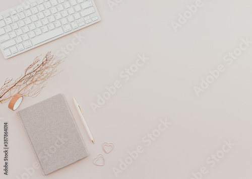 feminine desk workspace with notebook on dusty pink background.
