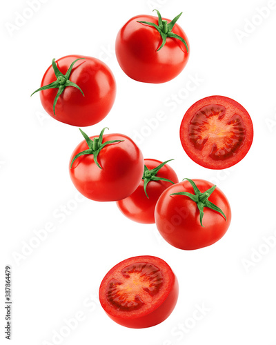 Falling tomato isolated on white background, clipping path, full depth of field