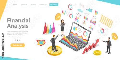 3D Isometric Flat Vector Conceptual Illustration of Financial Analysis, Business Viability Assessment, valuation Profitability, Solvency, Liquidity, Stability.