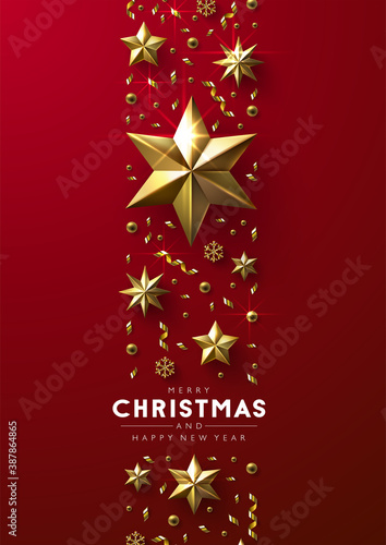 red Christmas background with golden stars, beads and snowflakes