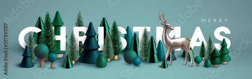 Christmas banner. Xmas Horizontal composition made of green wooden and glass Christmas trees and silver reindeer. Christmas poster, greeting cards, header or profile cover.