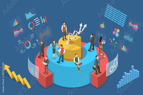 3D Isometric Flat Vector Conceptual Illustration of Statistics and Financial Data Analysis, People are Interacting With Graphs, Charts and Other Statistical Data.