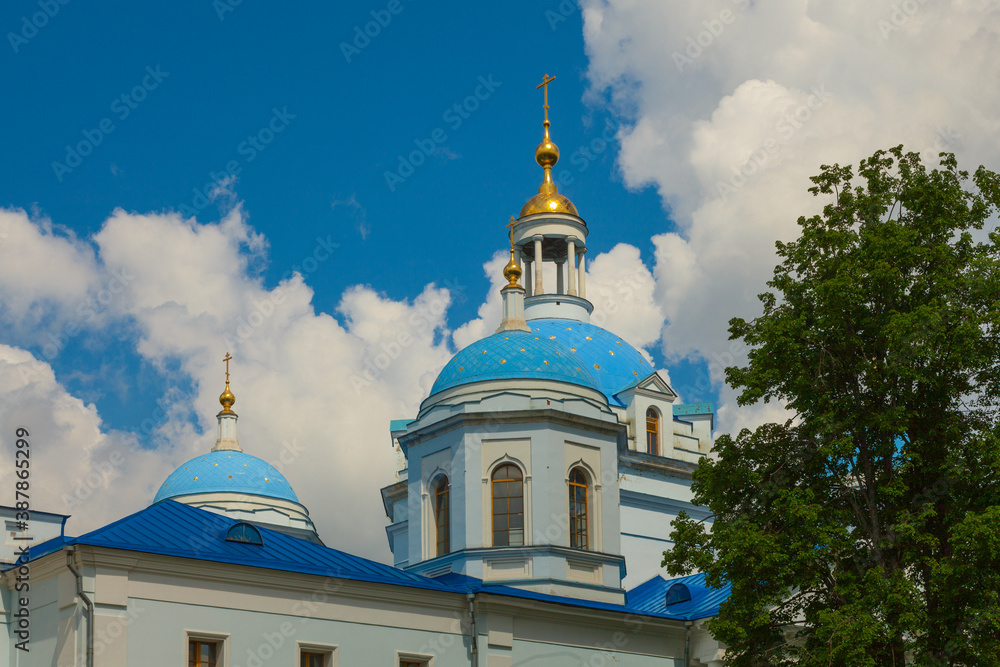 Picturesque domes of the Spaso-Blakhernsky nunnery in the village of Dedenevo, Dmitrovsky district, Moscow region (Russia)