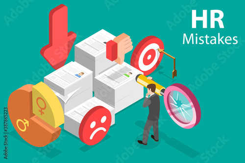 3D Isometric Flat Vector Conceptual Illustration of Human Resources Mistakes.