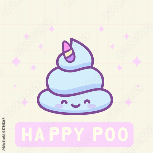 Vector Kawaii emoji Poo character with Unicorn Horn. Anime design with text 'happy poop'. Isolated cute cartoon illustration in asian style. For poster, card, t-shirt print, textile, cticker, icon