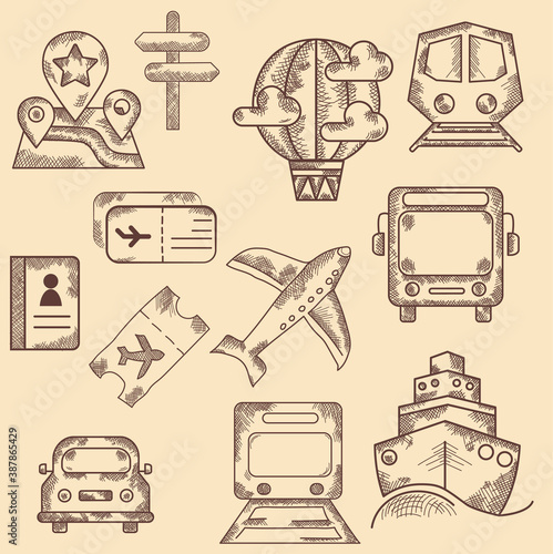 Hand drawn icon set. Transport, travel and road. Hand held doodle illustration transport