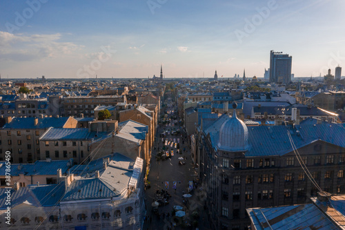 Riga/Latvia - August 10, 2020: Aerial view of the pedestrian Terbatas street. Pedestrian street in the capital of Latvia Riga. photo