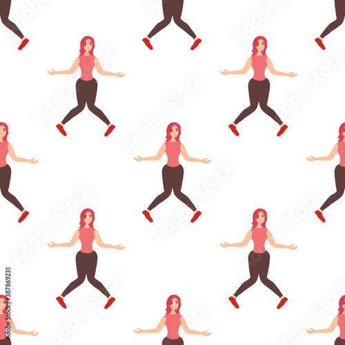 Seamless pattern with dancing wondrous girl on a white background. Cheerful dance entertainment in a flat style. Relaxed happy woman. Stock vector illustration for design  decor  fabric  wallpaper