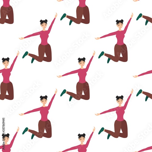 Seamless pattern with dancing flawless girl on a white background. Cheerful dance entertainment in a flat style. Relaxed happy woman.
Stock vector illustration for design, decor, fabric, wallpaper