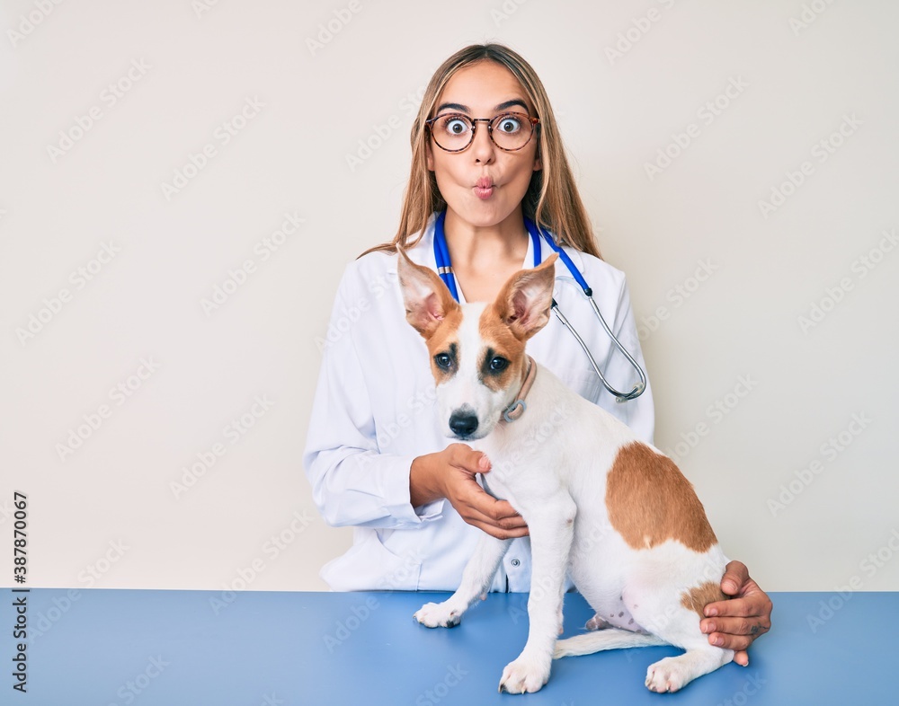 Φωτογραφία Young beautiful blonde veterinarian woman checking dog health making fish face with mouth and squinting eyes, crazy and comical