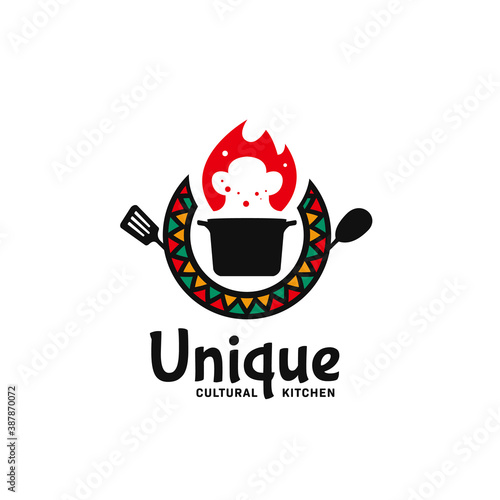 Unique cultural kitchen logo icon badge with hot pot, flame , cooking spatula utensil, and african abstract pattern