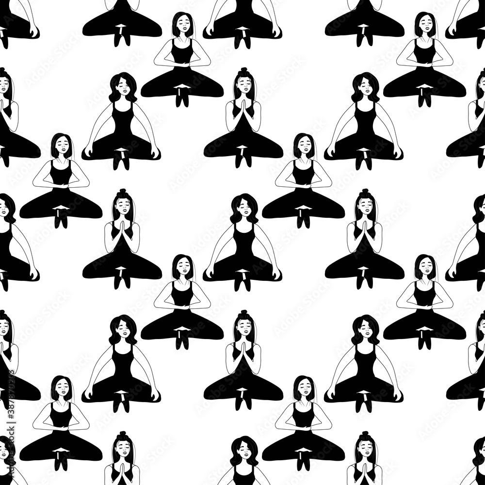 Seamless pattern in outline with relaxed cute girl in meditation on a white background. Women's yoga in a flat style. Performing asanas. Ancient spiritual practice.
Stock vector illustration Seamless pattern in outline with relaxed cute girl in meditation on a white background. Women's yoga in a flat style. Performing asanas. Ancient spiritual practice.
Stock vector illustration