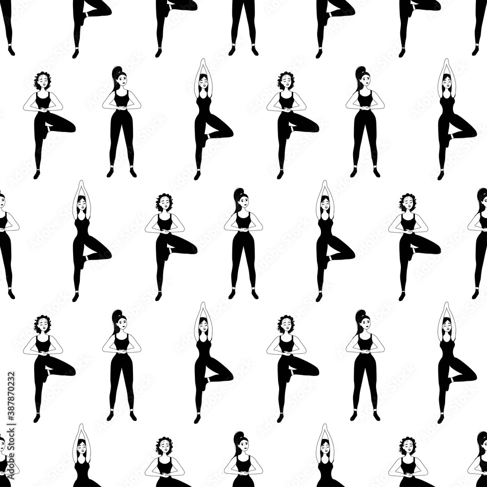 Seamless pattern in outline with a relaxed beautiful girl in meditation on a white background. Women's yoga in a flat style. Performing asanas. Ancient spiritual practice.
Stock vector illustration Seamless pattern in outline with a relaxed beautiful girl in meditation on a white background. Women's yoga in a flat style. Performing asanas. Ancient spiritual practice.
Stock vector illustration
