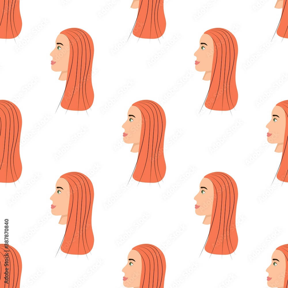 Seamless pattern with a cute avatar of an amazing girl on a white background. Profile of a young woman in side view in flat style. Happy relaxed faces of people.
Stock vector illustration for design