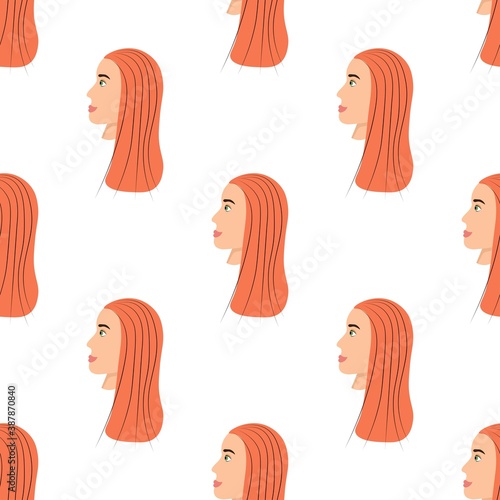 Seamless pattern with a cute avatar of an amazing girl on a white background. Profile of a young woman in side view in flat style. Happy relaxed faces of people.
Stock vector illustration for design