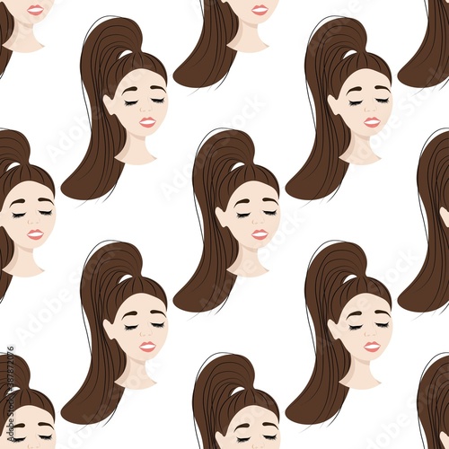 Seamless pattern with avatar of a flawless girl on a white background. Profile of a young woman in front in a flat style. Joyful relaxed faces of people.
Stock vector illustration for design, decor