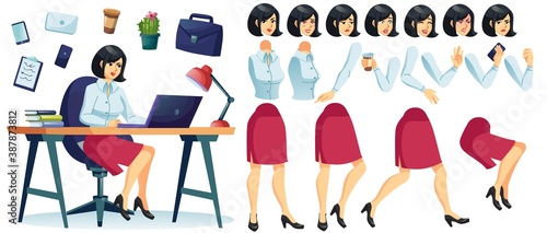 Businesswoman character sitting at desk table working on laptop. Working lady boss animation set. Body part gesture, facial emotion, stationary kit for attractive office worker, secretary creation