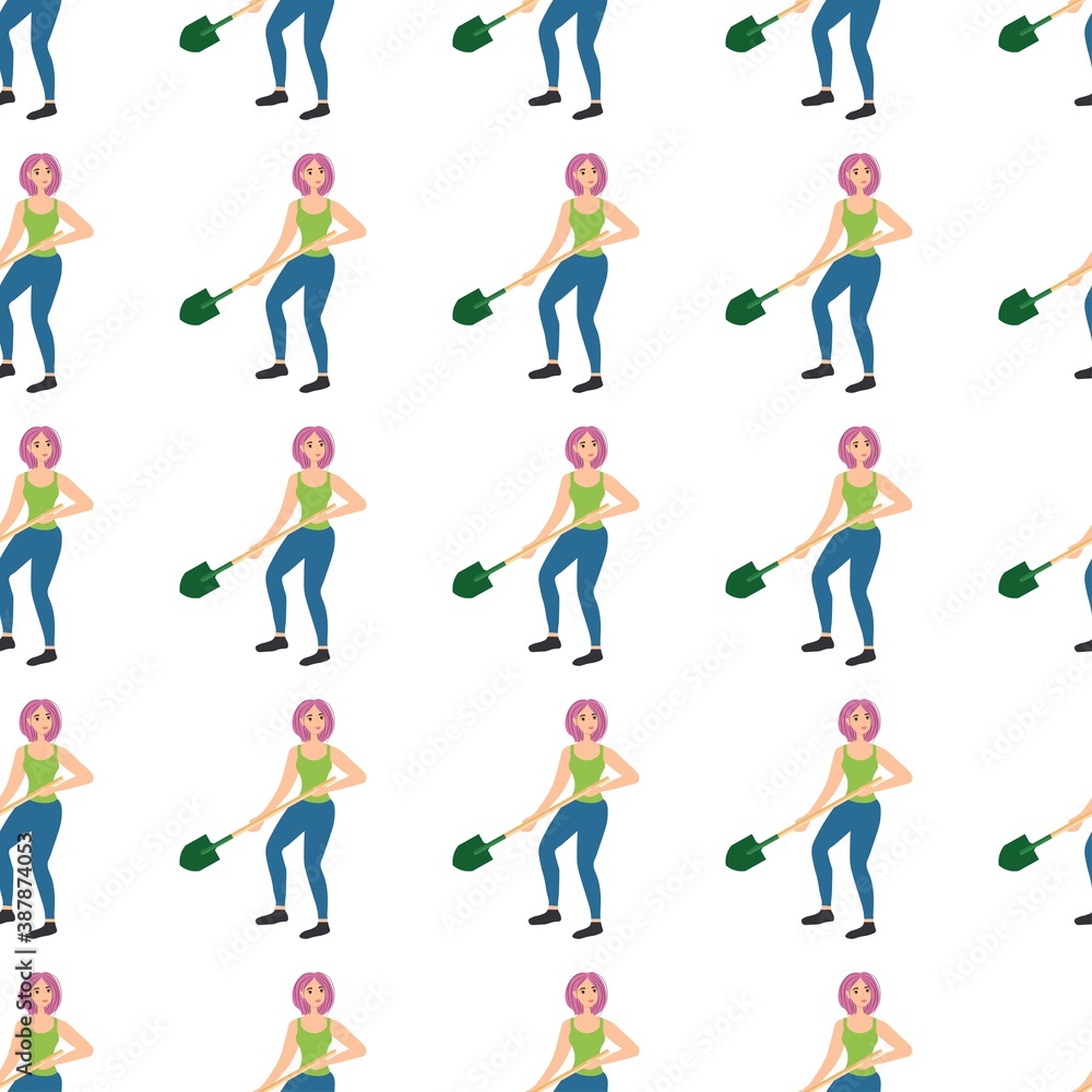 Seamless pattern with a young girl with a shovel in her hands on a white background. Strong man with garden tool in flat style. Cartoon people at work.
Stock vector illustration for design, decor