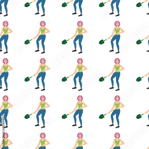 Seamless pattern with a young girl with a shovel in her hands on a white background. Strong man with garden tool in flat style. Cartoon people at work. Stock vector illustration for design, decor