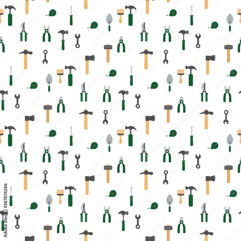 
Seamless pattern with hammer, ax, wrench, screwdriver, pruner, pliers, tape measure, brush, trowel on a white background. Gardening tool in a flat style. Cartoon objects.
Stock vector illustration