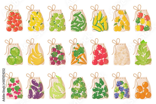 Vector set of fabric reusable eco grocery bags for weighing food without using plastic bags isolated on white background