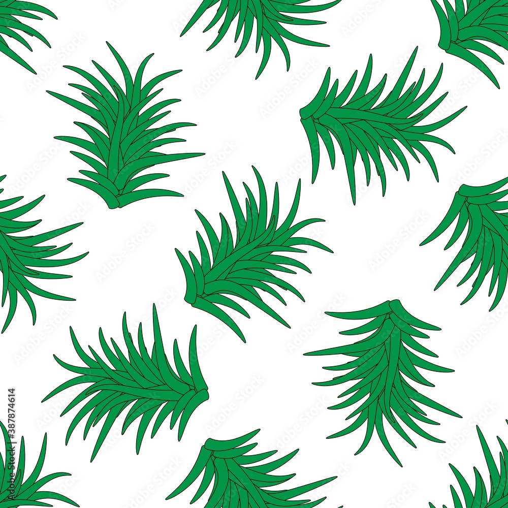 Cute seamless pattern with green spruce branches on a white background. Winter festive ornament in flat style. Cartoon items of New Year and Christmas decoration.
Stock vector illustration for design