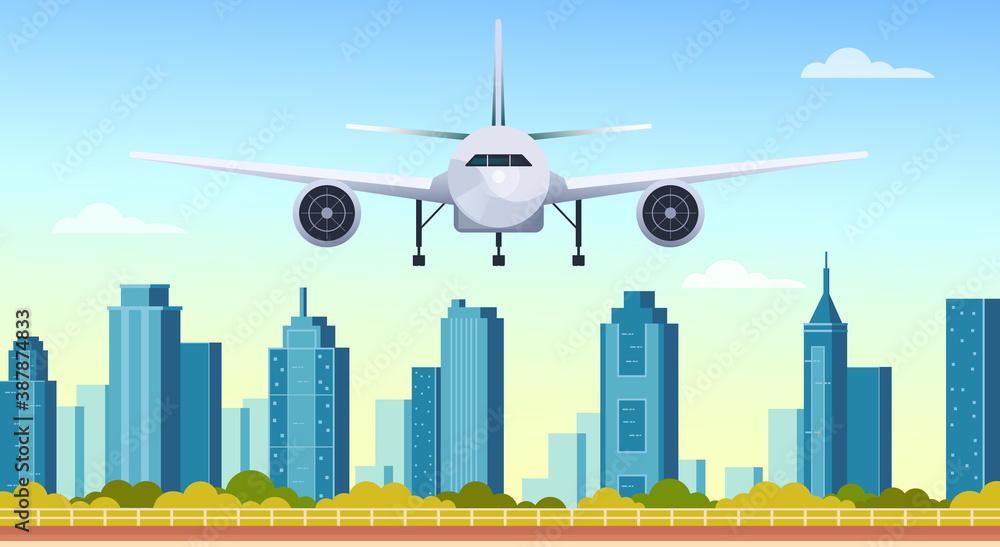 Airplane fly under modern city skyscrapers vector flat graphic design illustration concept