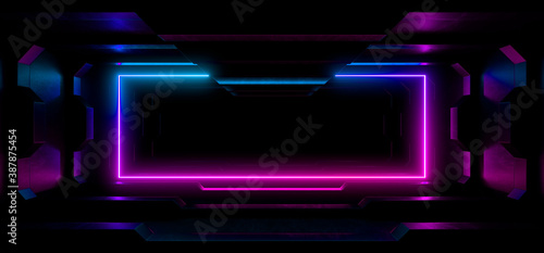 A dark corridor lit by colorful neon lights. Reflections on the floor and walls. 3d rendering image.