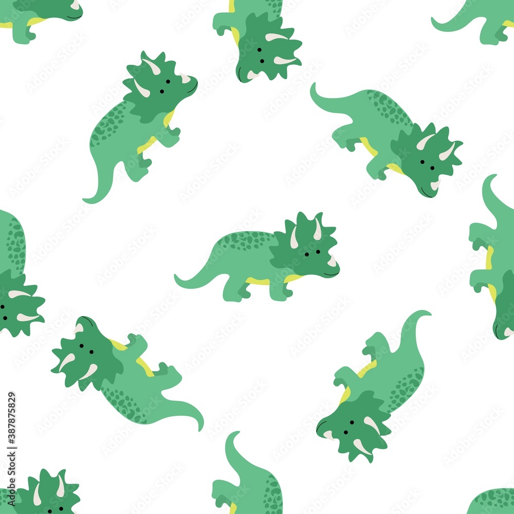 Fototapeta premium Cute green triceratops on a white background. Predators in a flat style. Cartoon animals reptiles for web pages. Stock vector illustration for decor, design, baby textiles, wallpaper, wrapping paper
