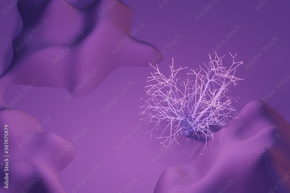 Fototapeta premium one purple bush surrounded by stones, 3d render