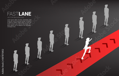 businessman running on fast lane is move faster than group on queue. Business Concept of fast lane for moving and disruption.