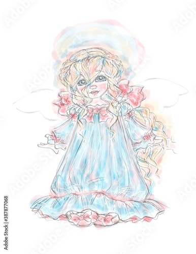 Hand Drawn Little Girl Angel Illustration in Color