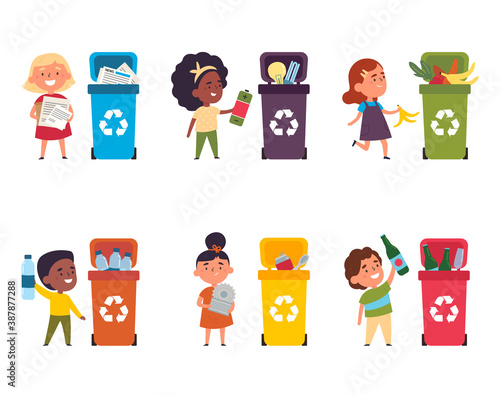 Group of happy multinational children collect metal, paper, organic, plastic, glass and electronic waste in trash bins of different colors. Waste sorting. Vector illustration in cartoon style.