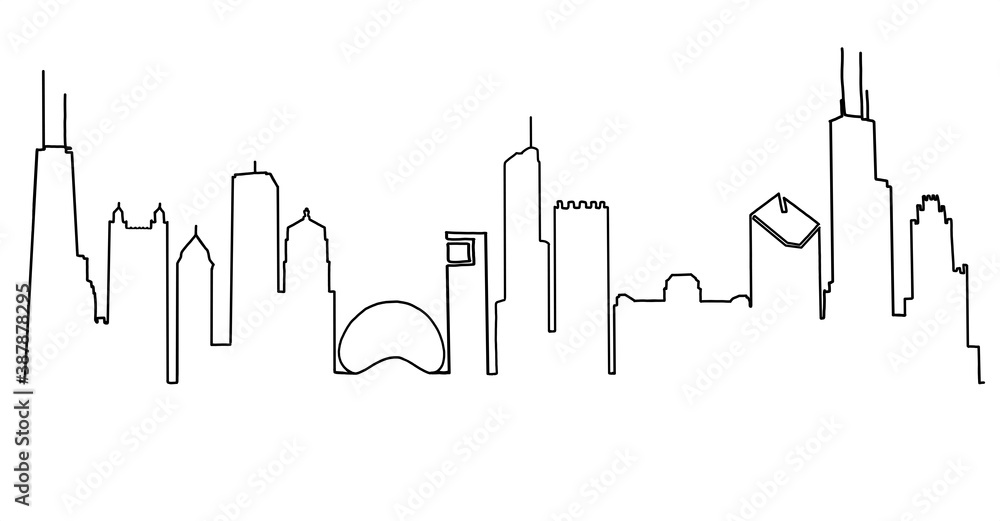 Chicago skyline line drawing. Simplified drawing includes all the famous landmarks and towers.