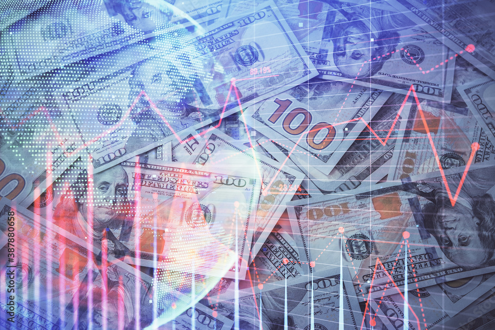 Double exposure of forex graph drawing over us dollars bill background. Concept of financial markets. Double exposure of forex graph drawing over us dollars bill background. Concept of financial markets.